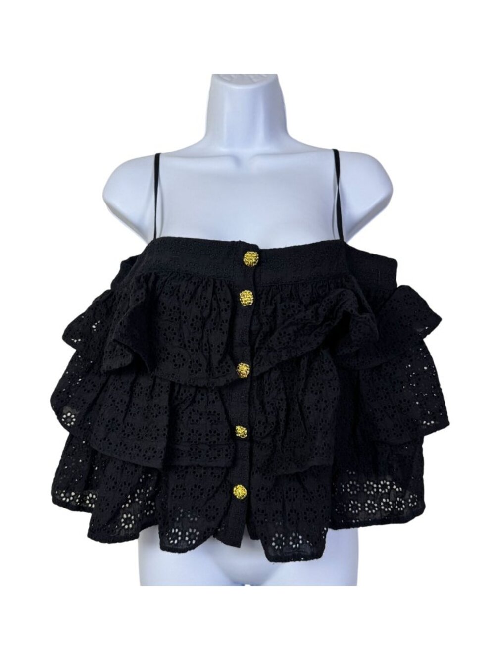 Vici Black Eyelet Lace Ruffle Sleeveless Tiered Top Gold Button Size Large Boho